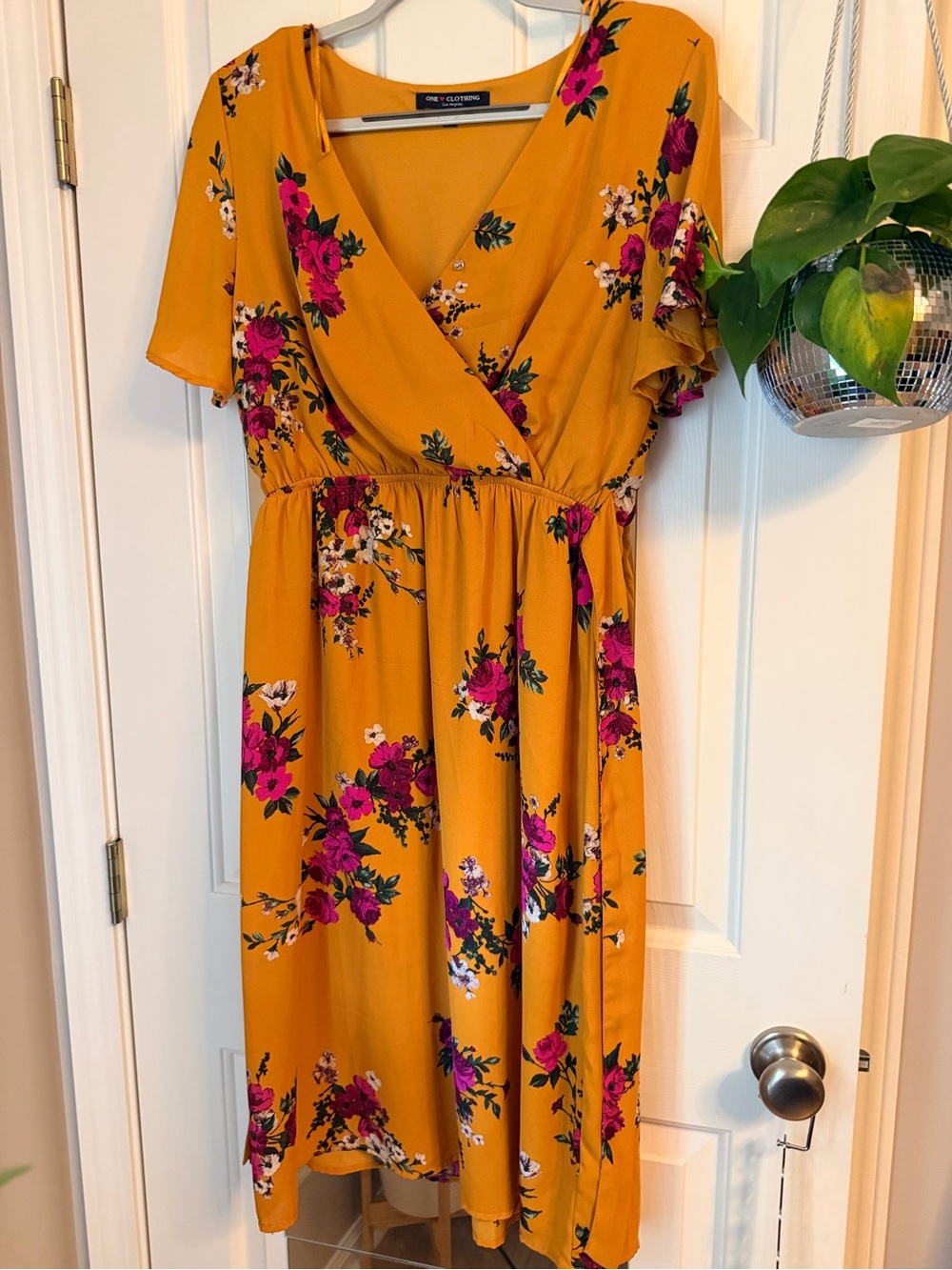 💕3 for $25 sale - one clothing Mustard Floral Wrap Midi Dress with floral Blooms